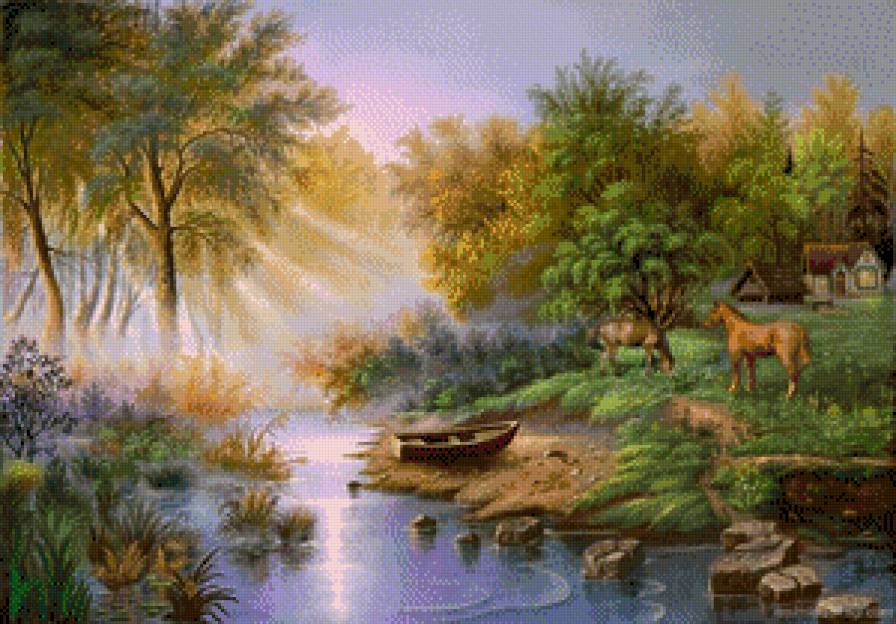 Природа - дом, лошади, природа, пейзаж, кони, река - предпросмотр