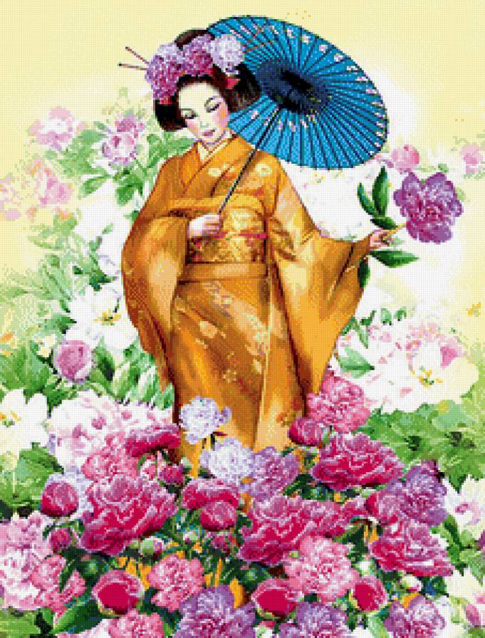Гейша - цветы, пионы, гейша, девушка, восток, зонтик - предпросмотр