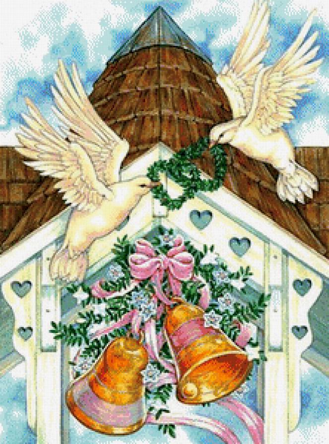 Свадебные колокола - цветы, колокольчики, птицы, свадьба, голуби - предпросмотр