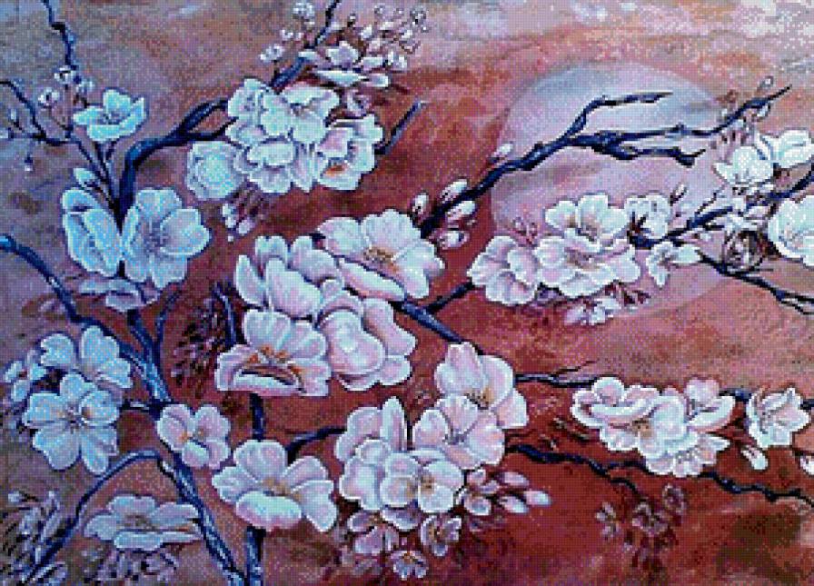 Цветение сакуры - ночь, восток, вишня, сакура, цветы, луна - предпросмотр