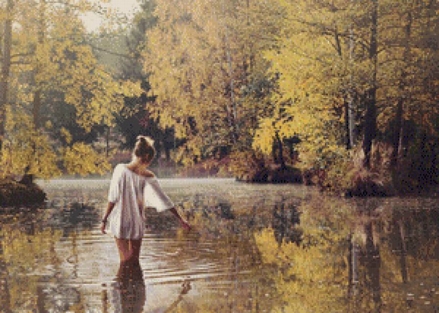 №558696 - осень, купание, озеро, девушка, лес, дерево - предпросмотр