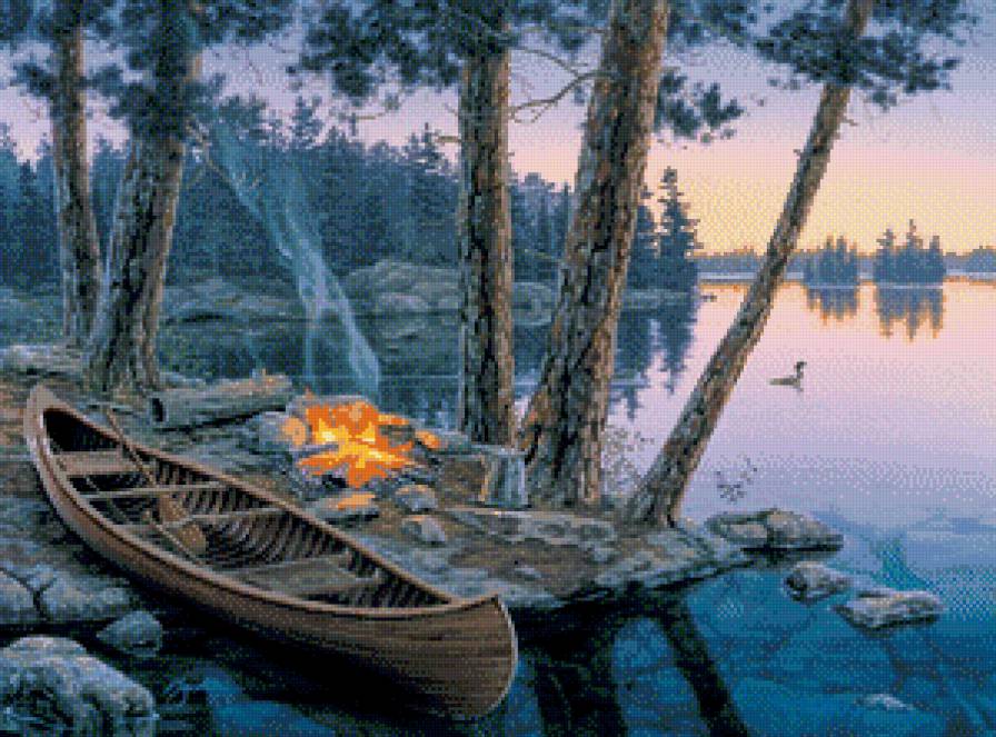 На природе - озеро, утки, костер, вечер, лодка - предпросмотр