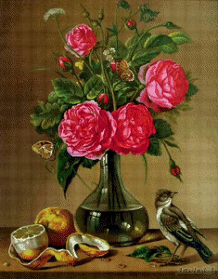 Букет и птичка - цветы, птицы, розы - предпросмотр