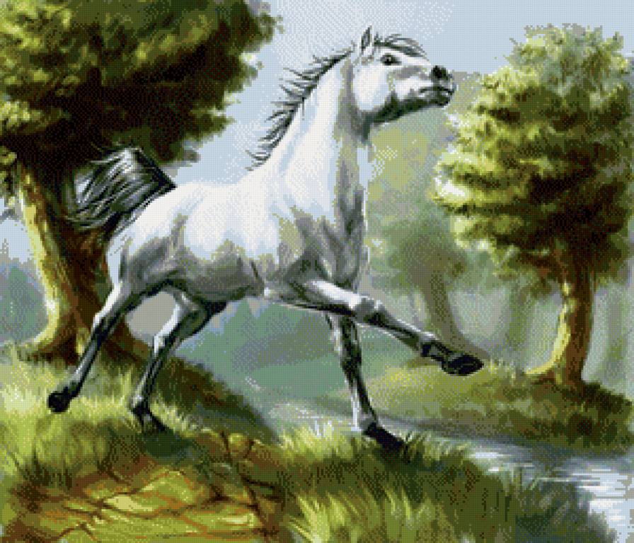 белая лошадь - речей, природа, животные, лошадь, пейзаж - предпросмотр