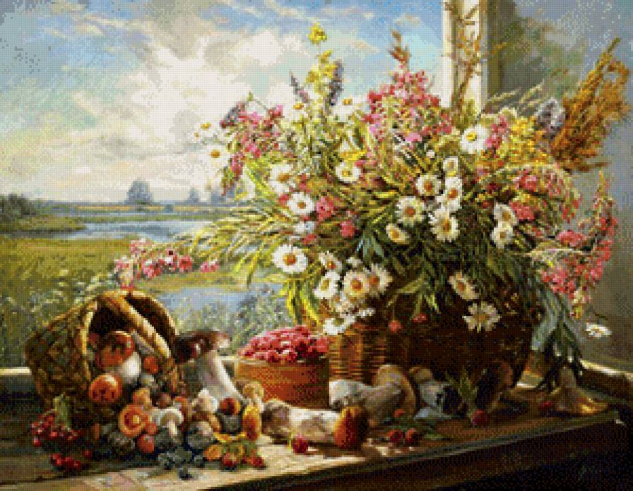 пано родные просторы - окно, натюрморт, грибы, цветы, осень - предпросмотр