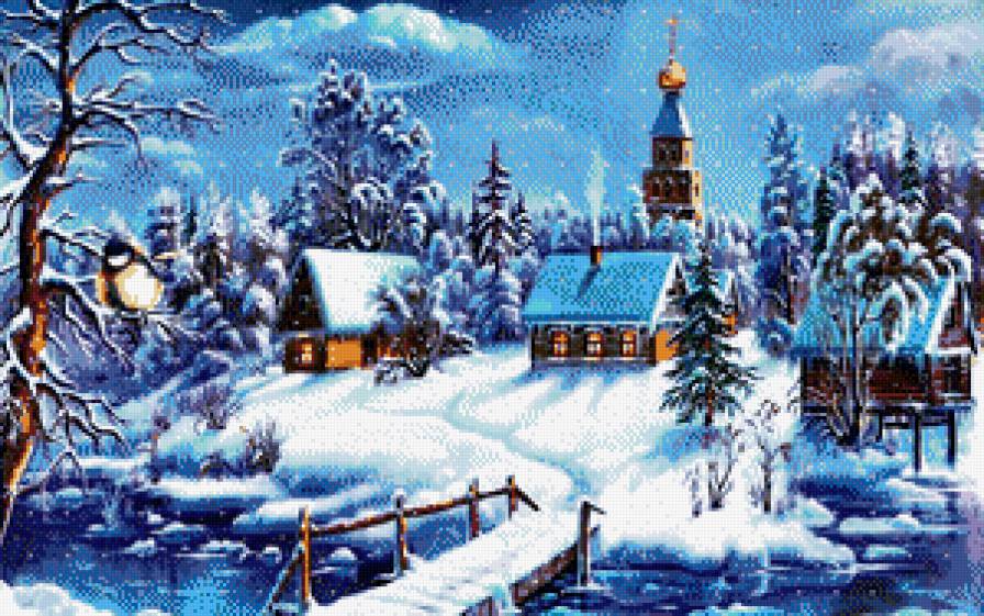 зимняя деревушка - пейзаж, зима, снег, картина - предпросмотр