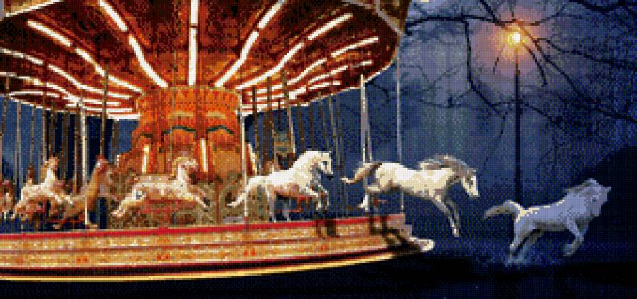карусель - животные, природа, парк, ночь, лошади - предпросмотр