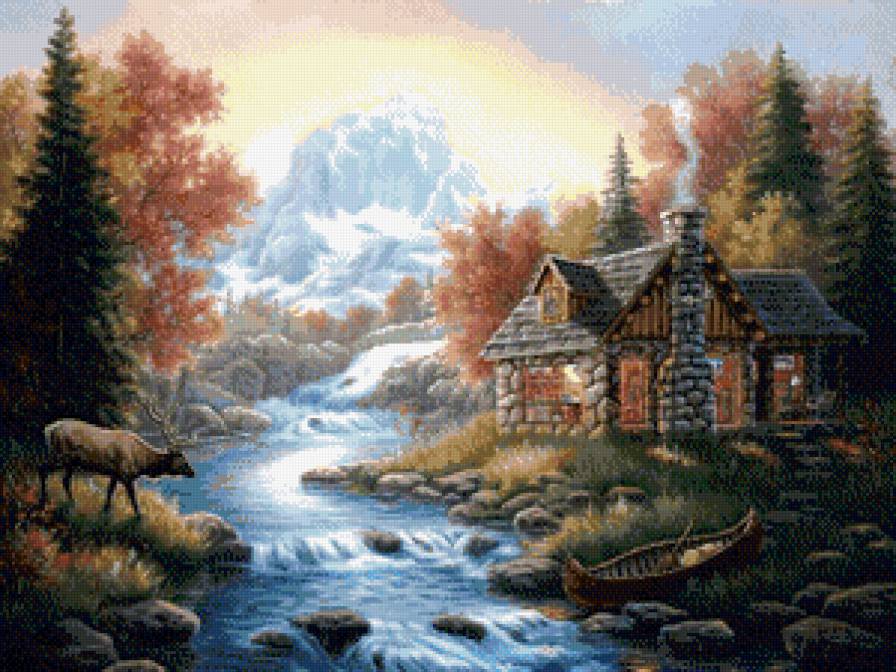 горный пейзаж - дом, пейзаж, олени, горы, природа, ручей - предпросмотр