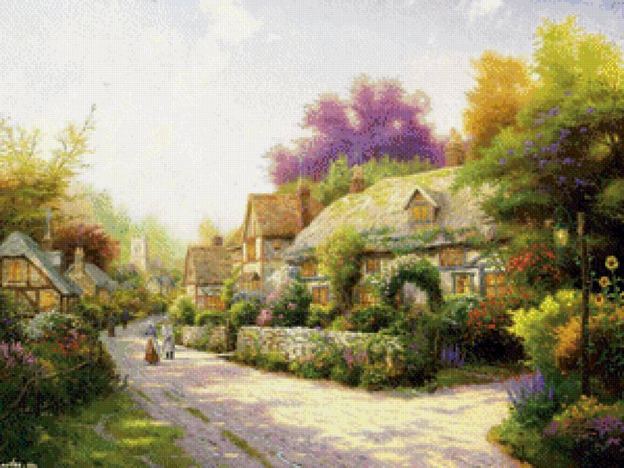 Thomas Kinkade, английская деревушка - лето, дома, англия, деревня - предпросмотр