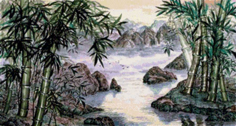 панно пейзаж - пано, пейзаж, бамбук, восток - предпросмотр