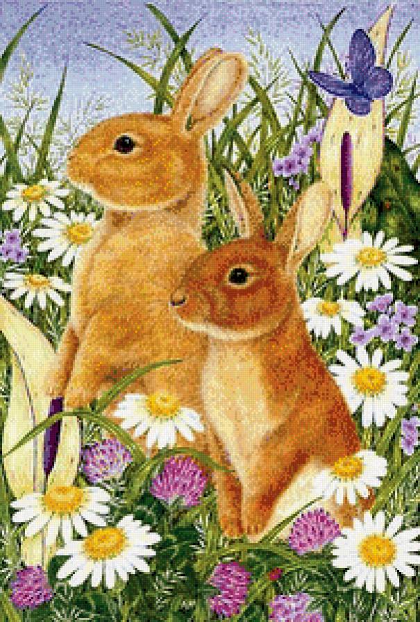 Зайчата - зайцы, цветы, бабочки, животные - предпросмотр
