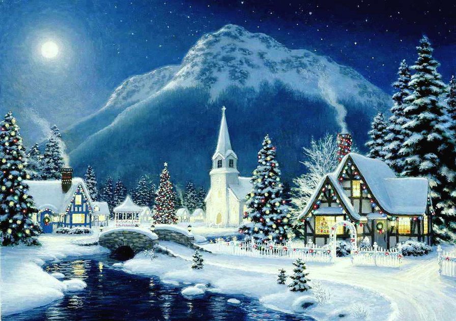 рождественская деревушка - зима, новый год, горы, снег, дом, рождество, пейзаж - оригинал