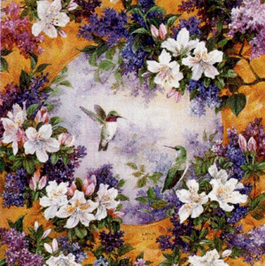 сюжет для подушки - птицы, картина, подушка, цветы, природа - предпросмотр