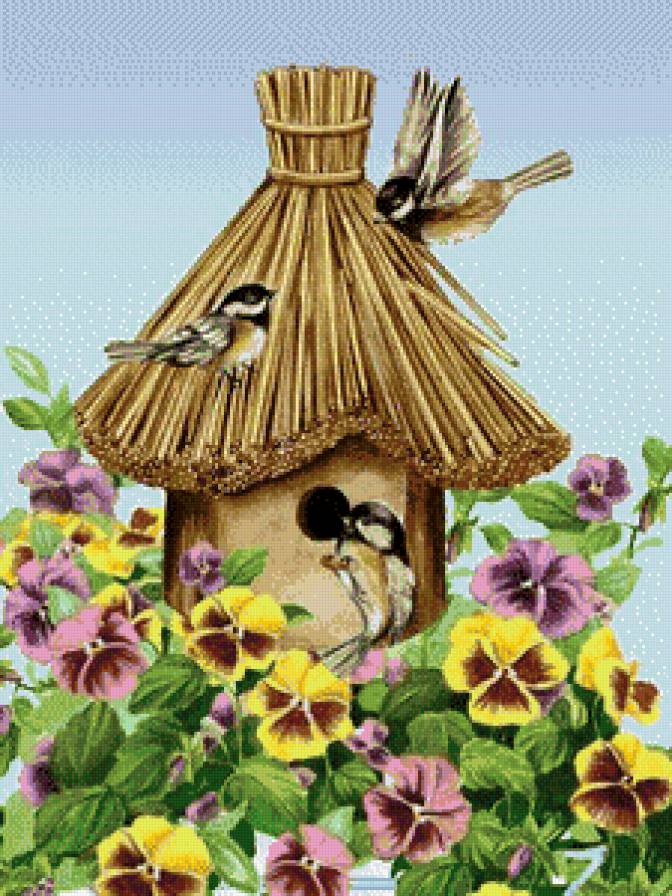 пано птицы - птицы, картина, цветы, пано, природа - предпросмотр