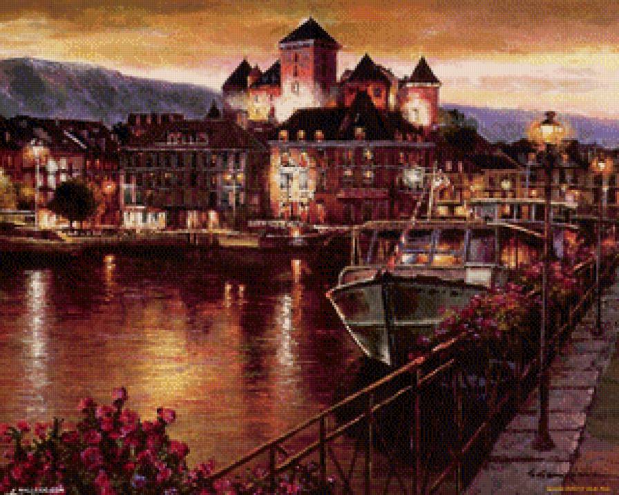 Ночной Анси. Франция - фонари, улица, вечер, город, франция, река, набережная, дома - предпросмотр