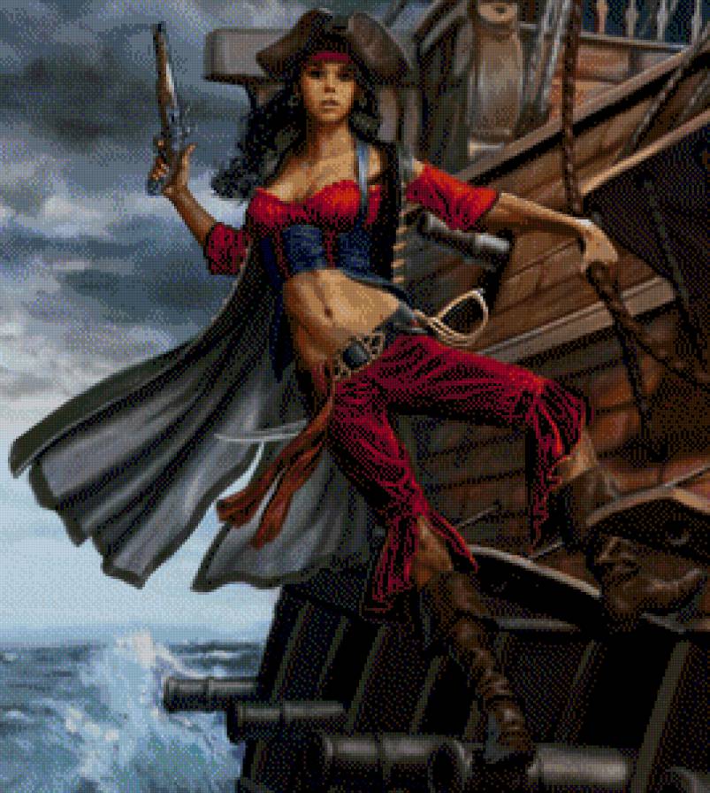 crimson_pirate - корабль, оружие, девушка, красный, питар, море - предпросмотр