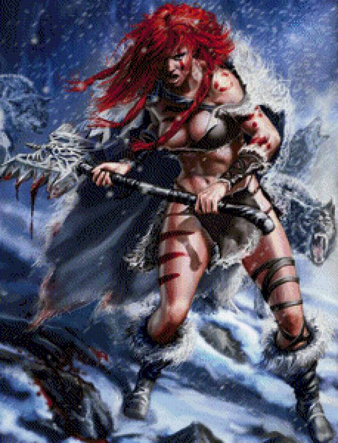 red_sonja - воин, волк, оружие, дувушка, фэнтези, рыжая - предпросмотр