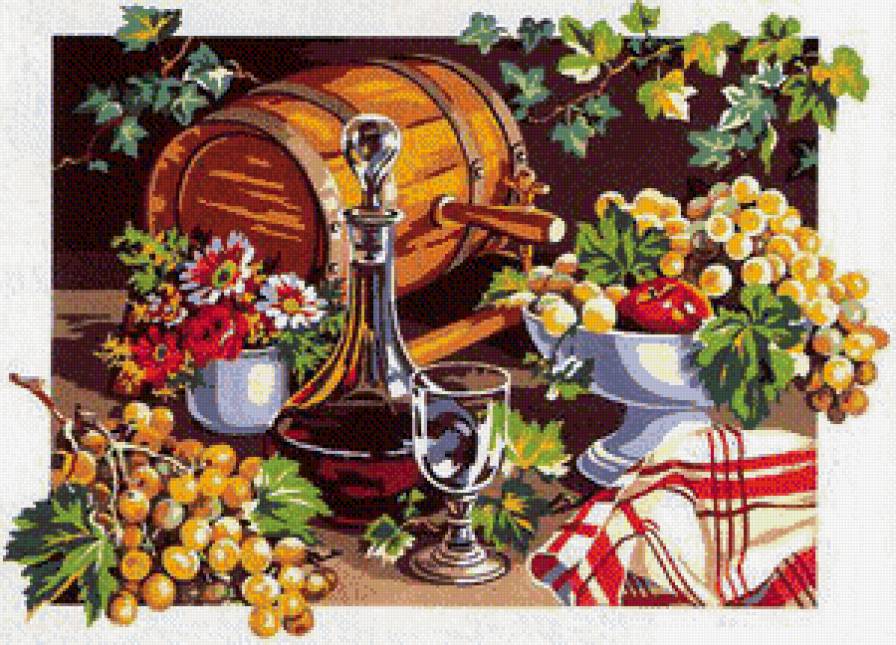 для кухни - цветы, фрукты, виноград, графин, вино - предпросмотр