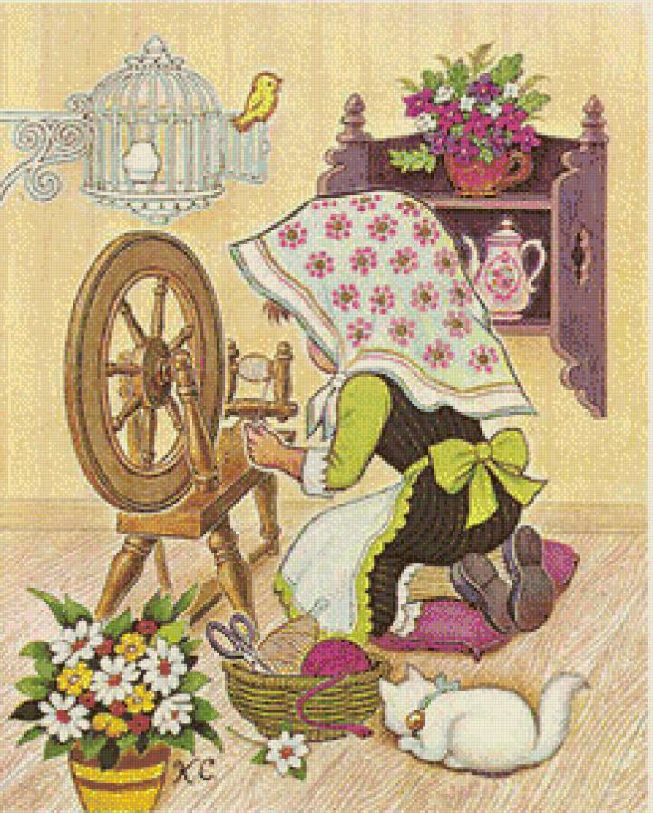 хозяюшка - цветы, птицы, девочка, кот - предпросмотр