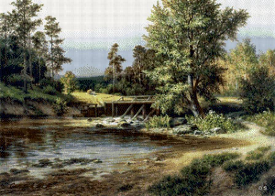 михаил сатаров 36 мост через реку - михаил сатаров, картина, река, пейзаж, лес, лето - предпросмотр