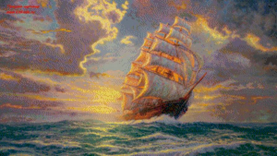 путешествие - небо, закат, солнце, облака, корабль, море, паруса - предпросмотр