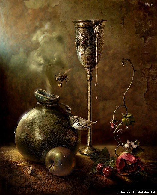натюрморт с мухой - кубок, яблоко, натюрморт, живопись, муха, картина - оригинал