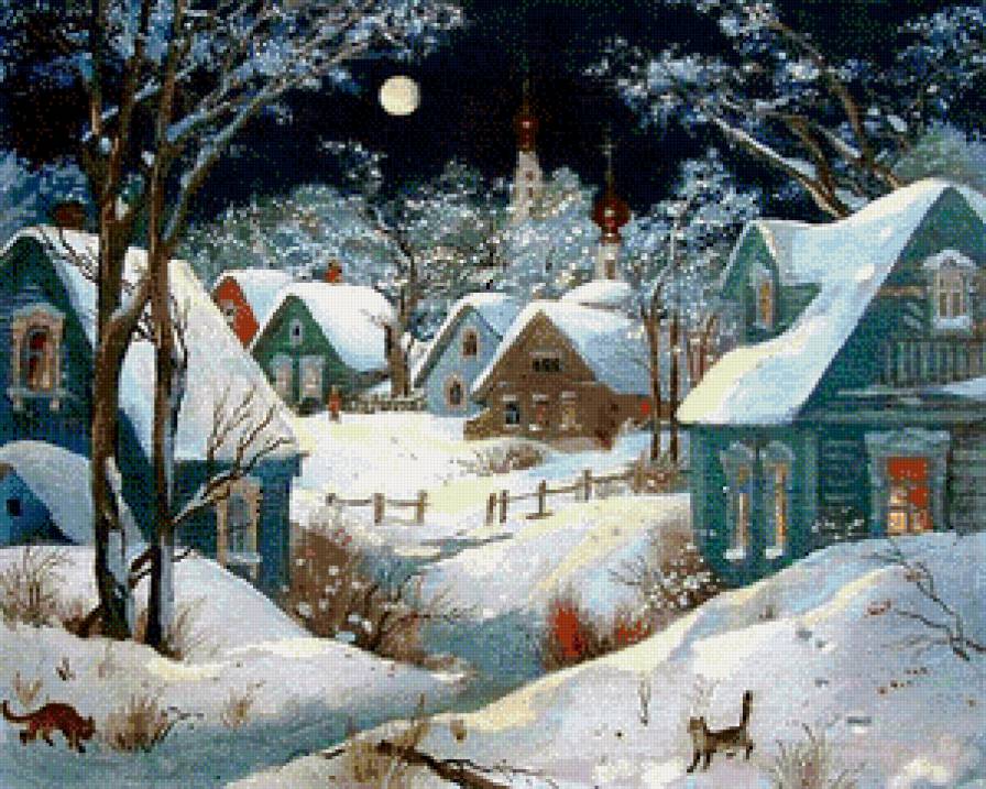 зимняя деревушка - картина зима - предпросмотр