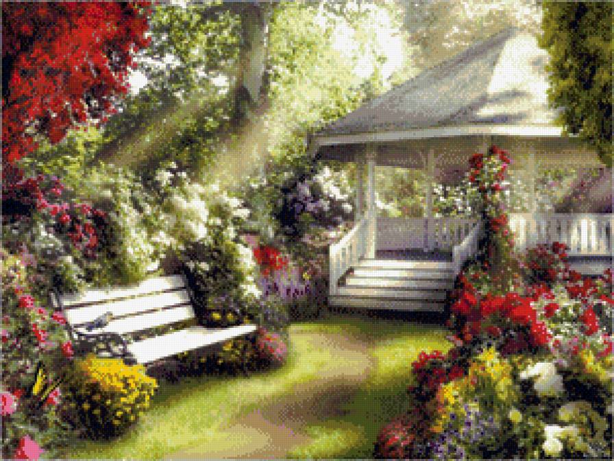 беседка в цветах - беседка, цветы, красиво, природа - предпросмотр