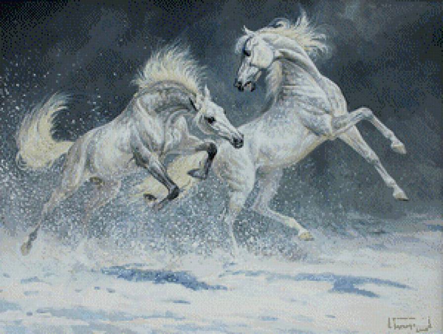 игры на снегу - живопись, лошадь, снег - предпросмотр