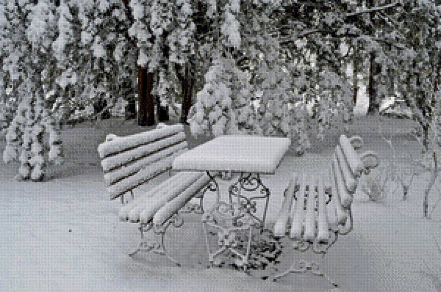 первый день зимы - сугроб, скамейка, дерево, пейзаж, картина, парк, лавочка, зима, снег - предпросмотр
