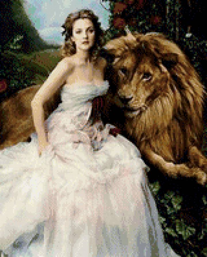 Друзья - лев, девушка, животное - предпросмотр