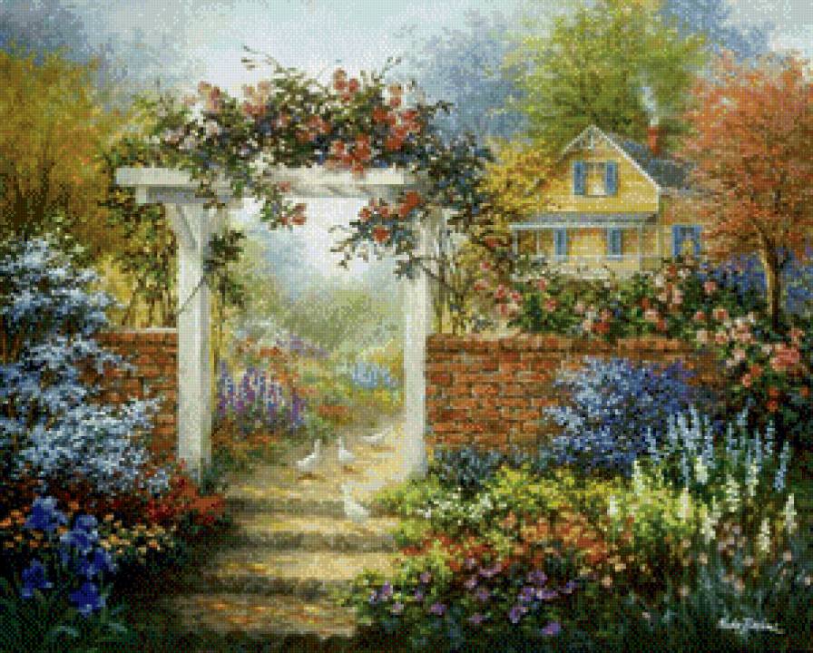 ники боэм 28 дорожка к дому - лето, ники боэм, домик, пейзаж, весна, садик.цветы - предпросмотр