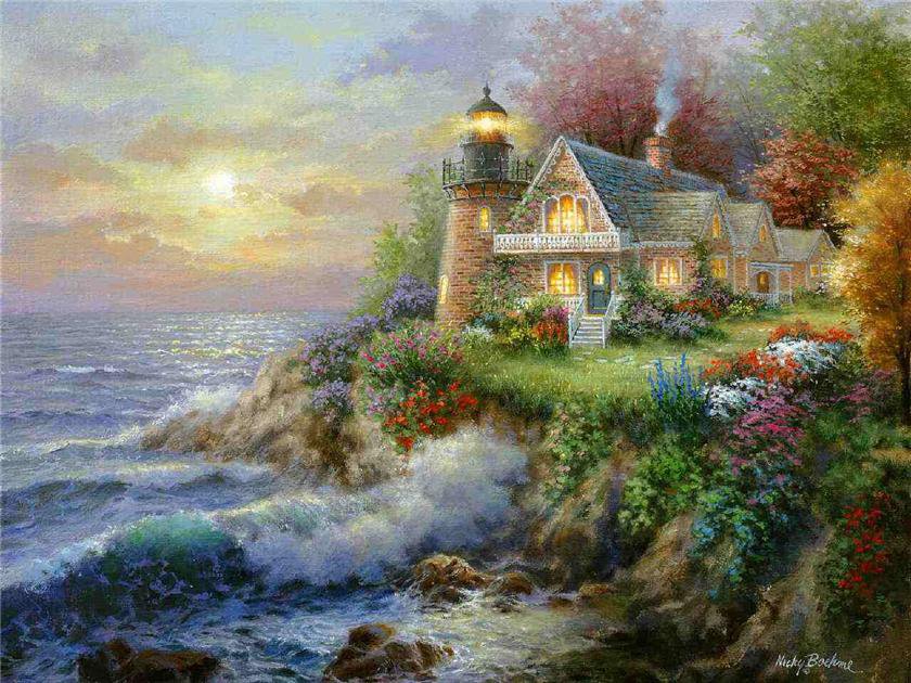 ники боэм 31 цветы у маяка - цветы, садик, пейзаж, лето, маяк, ники боэм, домик - оригинал