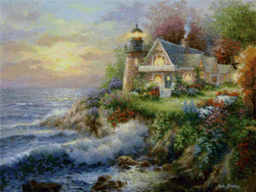 ники боэм 31 цветы у маяка - пейзаж, садик, маяк, лето, домик, цветы, ники боэм - предпросмотр