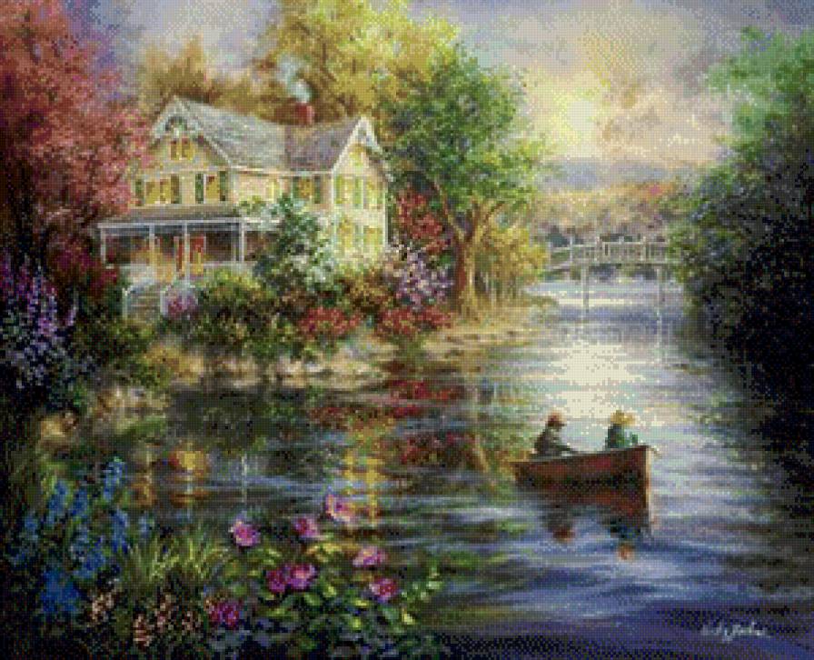 ники боэм 37 в лодке - лодка, весна, река, садик.цветы, ники боэм, лето, пейзаж, домик - предпросмотр