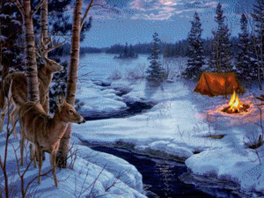 Олени у ручья - лес, олень, костер, природа, зима, животные - предпросмотр