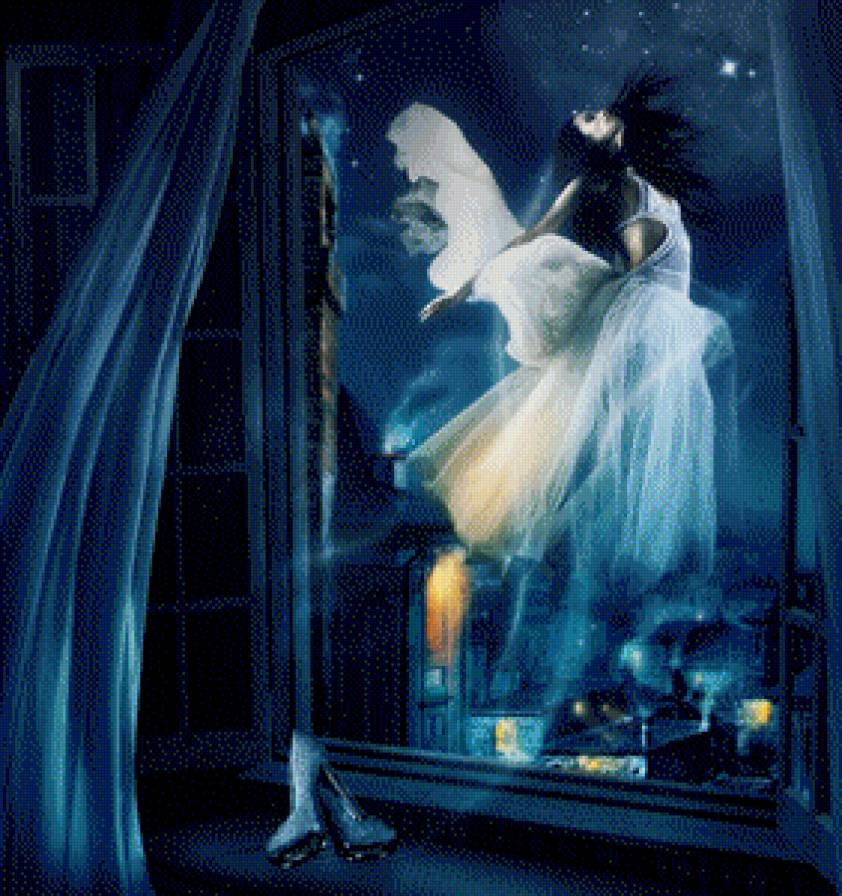 feeling of freedom - ночь, окно, девушка, платье, полет - предпросмотр