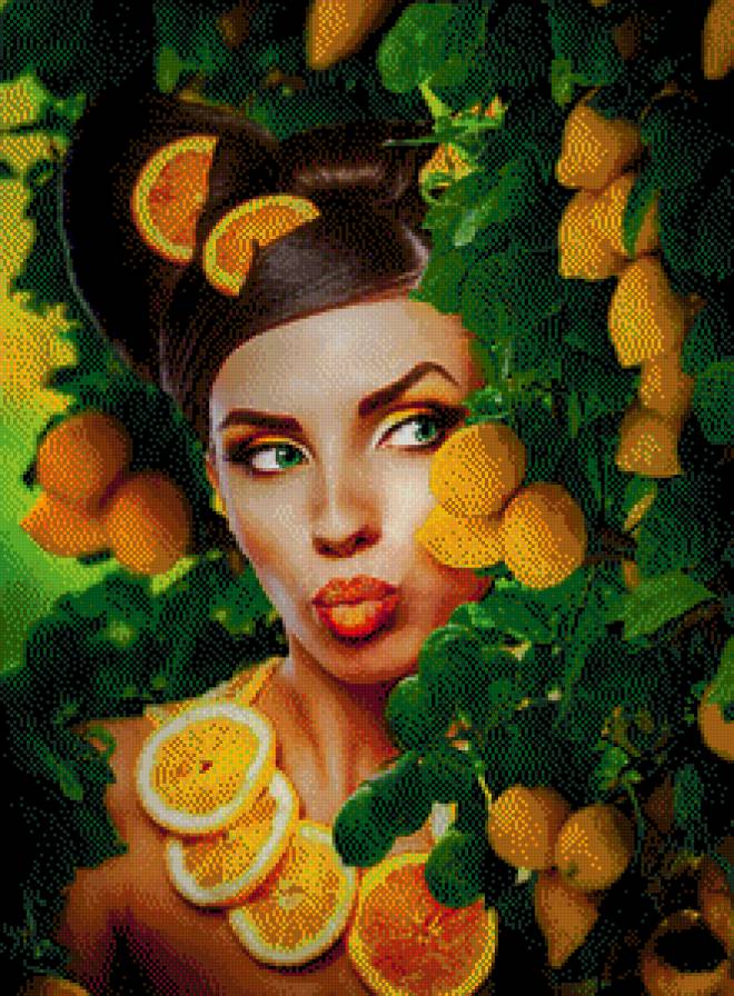 Under The Lemon Tree - оранжевый, дерево, лимон, зеленый, девушка, портрет, цитрус - предпросмотр