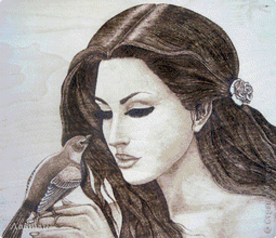 Девушка с птицей - девушка, фэнтези, красавица, монохром - предпросмотр