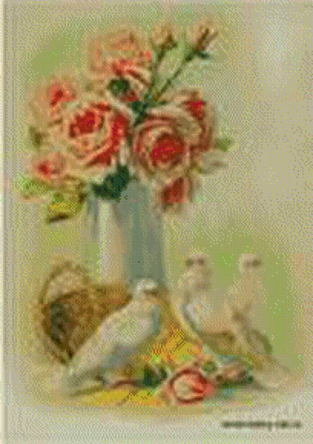 Голуби возле вазы - предпросмотр