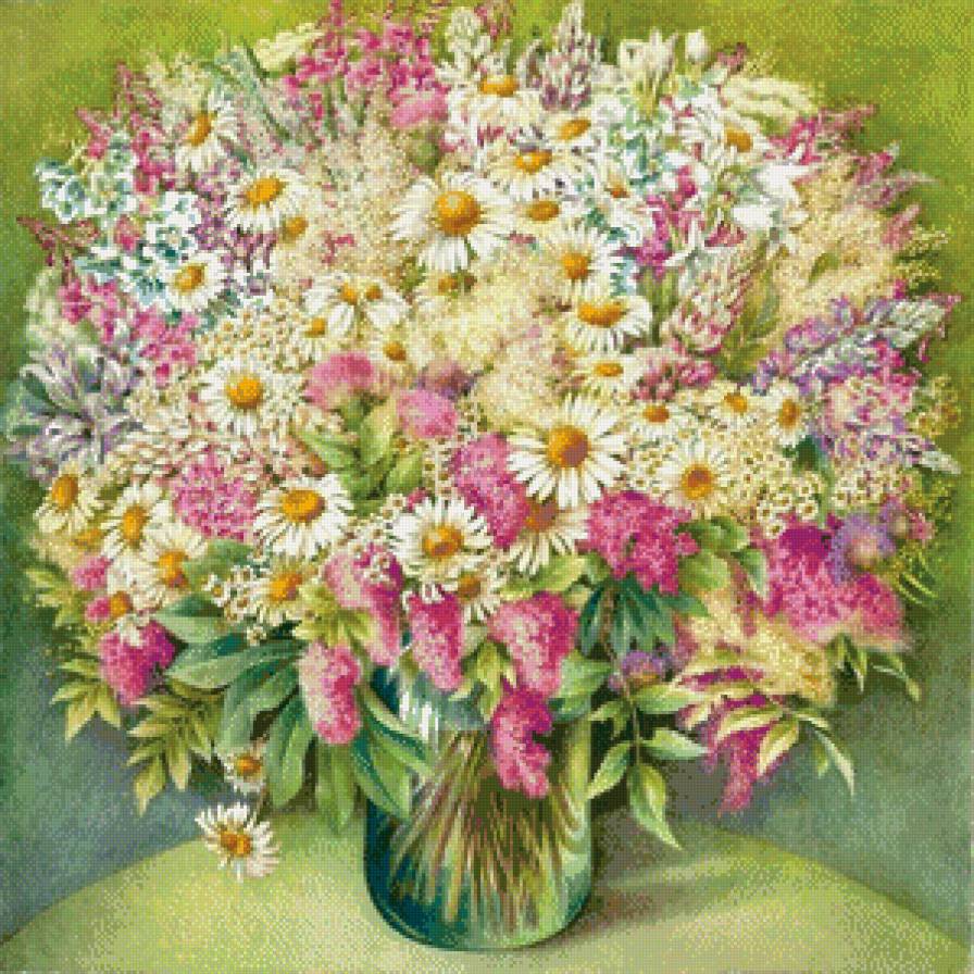 полевые цветы - ромашки, полевые цветы, ромашка, белые цветы, лиловые цветы, букет - предпросмотр