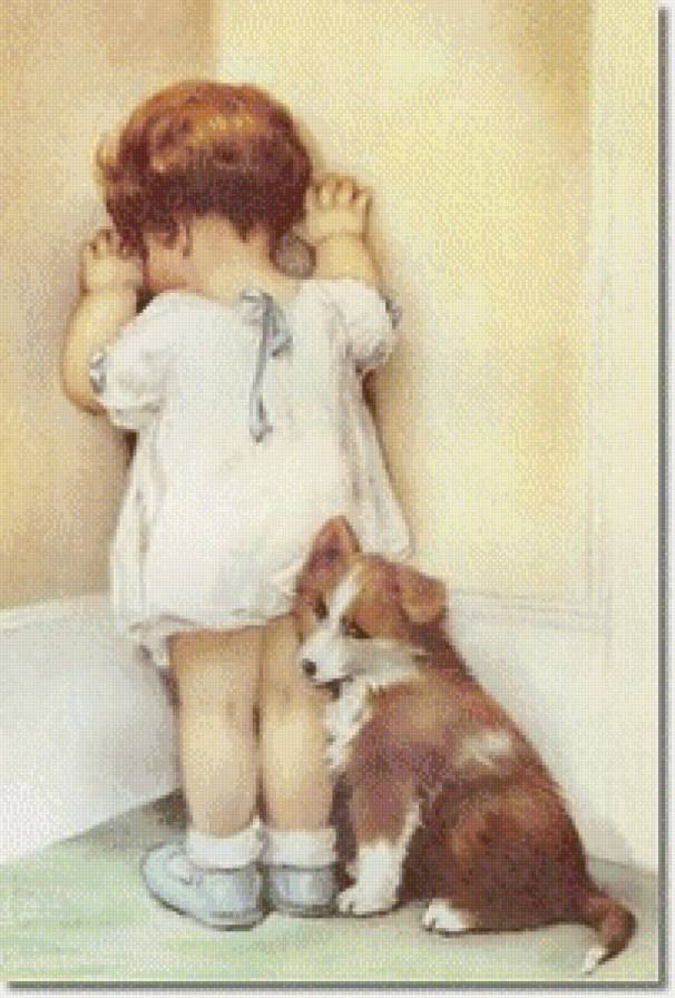 верный друг - щенок, друг, дети, девочка, собака, картина - предпросмотр