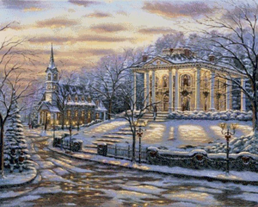 рождество - праздник, снег, рождество, городок, картина, зима - предпросмотр