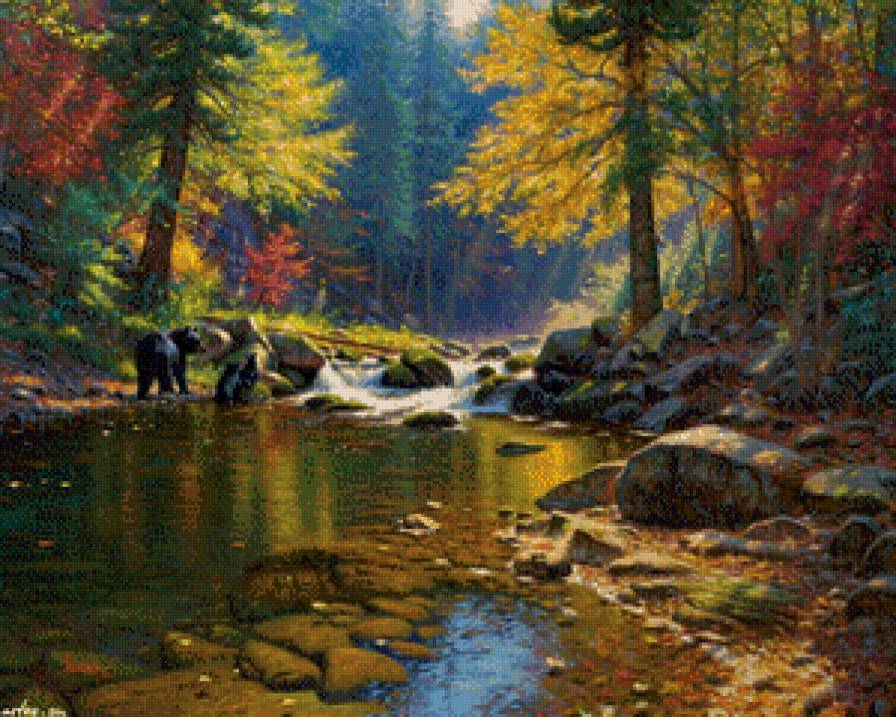 Времена года - речка, лес, осень, камни - предпросмотр