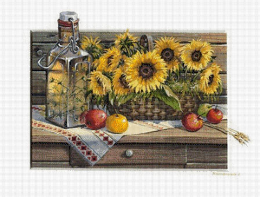 Натюрморт с подсолнухами - фрукты, натюрморт, цветы - предпросмотр