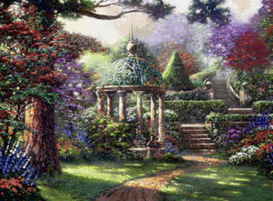 Цветущая беседка - парк, лето, цветы, пейзаж, беседка - предпросмотр