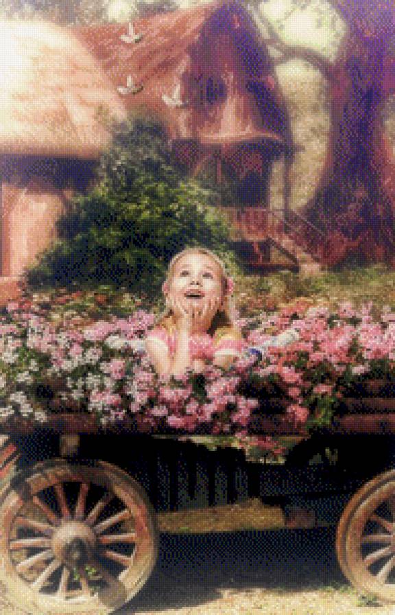 №571120 - ребенок, розовый, цветы, домик, птица - предпросмотр