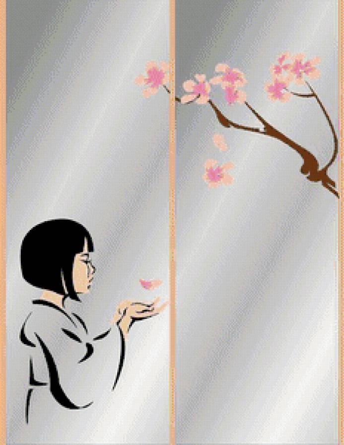 Восточно-азиатский мотив.Диптих - сакура, азия, девушка, япония, восток - предпросмотр