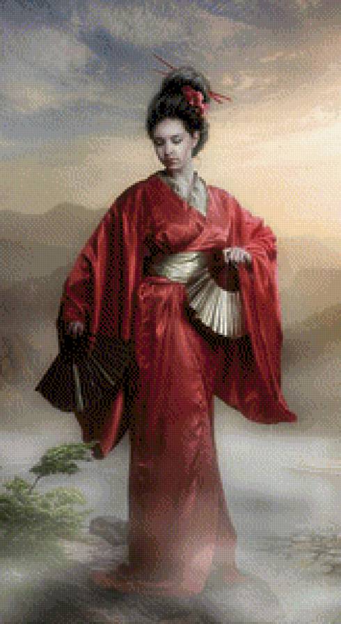 №571229 - красный, восток, кимоно, веер, девушка - предпросмотр