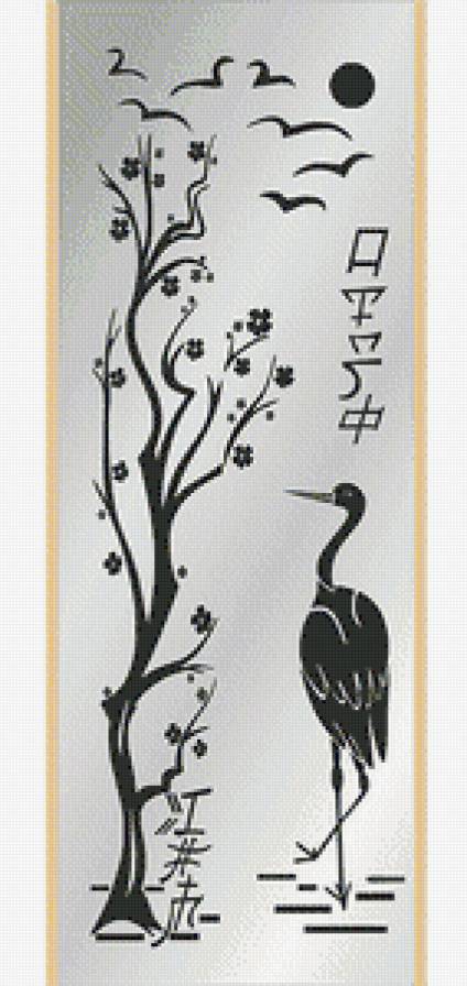 Восточно-азиатский мотив - птицы, пейзаж, азия, восток, журавль, монохром - предпросмотр